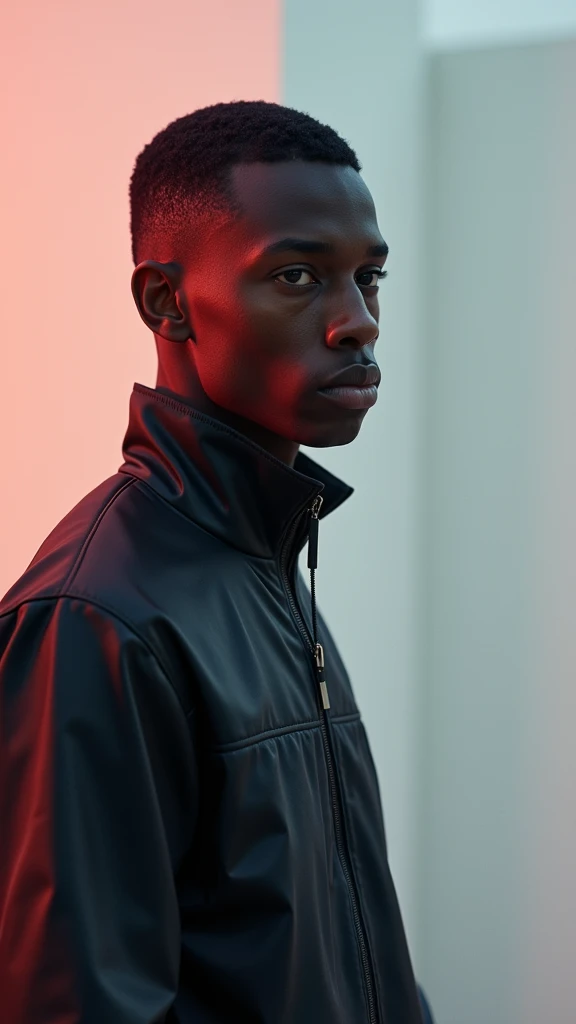 A black man with short, black hair, wearing a black and white outfit , surrealistic style, pastel tones, mid shot, dramatic light.