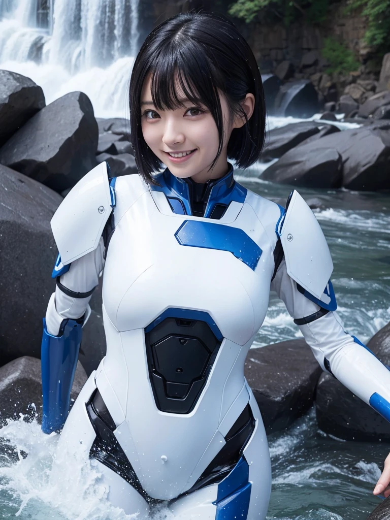 Japanese female android,Black Hair,White and blue robot suit,Plump,Getting splashed by a waterfall,smile,
