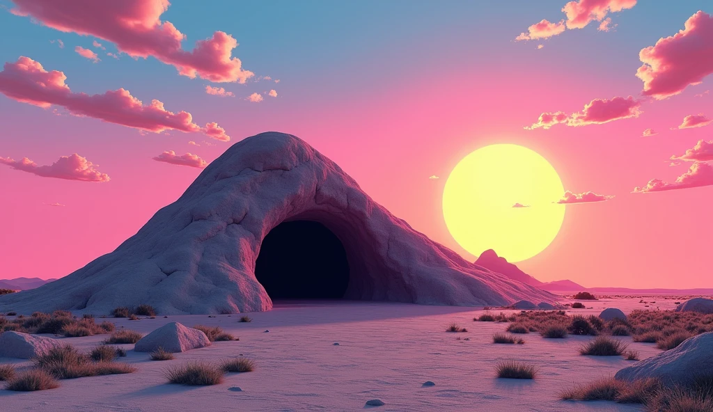 Vice City GTA, pink, blue and yellow clear sky with a yellow sun, retro sky, gray retro ground, clear sky, few clouds, There is a very wide and round rocky mountain in the background with a dark entrance in the middle, fat mountain with a round tip, the mountain is shaped like a semi circle