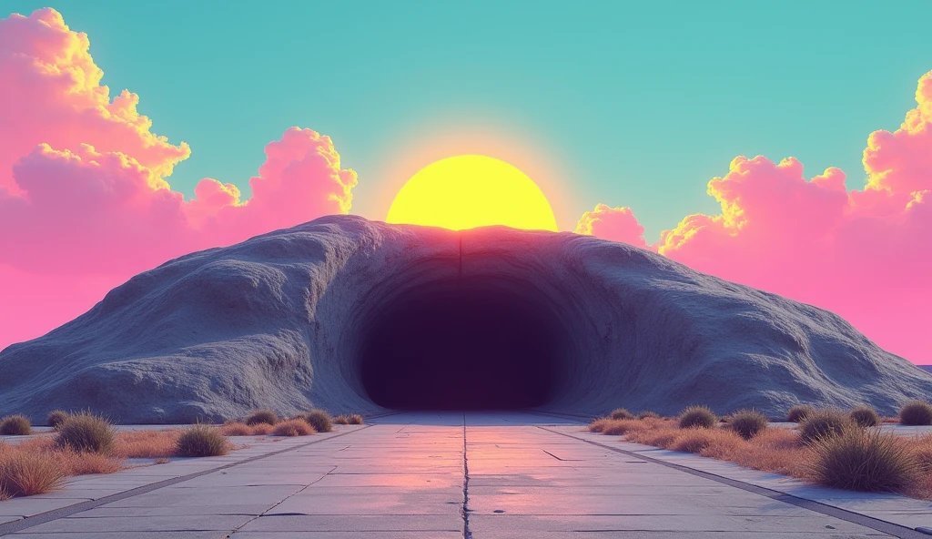 Vice City GTA, pink, blue and yellow clear sky with a yellow sun, retro sky, gray retro ground, clear sky, few clouds, There is a very wide and round rocky mountain in the background with a dark entrance in the middle, fat mountain with a round tip, the mountain is shaped like a semi circle