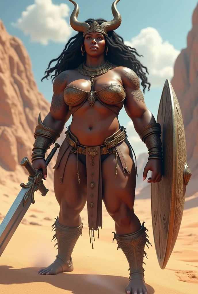 Black woman nude naked naked stocky muscle giant amazona sword big shield in desert big boobs hair dreadlocks katana four arms horns claws