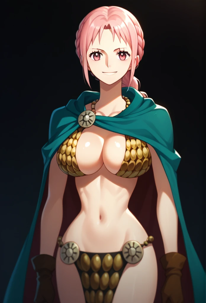 1girl, Solo, rebecca, anime style, breasts, bikini armor, pink hair, pink eyes, armor, cape, large breasts, braid, long hair, cleavage, gloves, navel, boots, shiny skin, smile, long cape, wrap the cape around herself