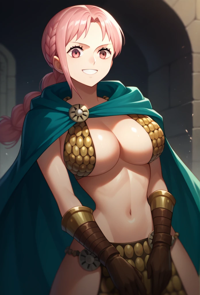 1girl, Solo, rebecca, anime style, breasts, bikini armor, pink hair, pink eyes, armor, cape, large breasts, braid, long hair, cleavage, gloves, navel, boots, shiny skin, smile, long cape, wrap the cape around herself 