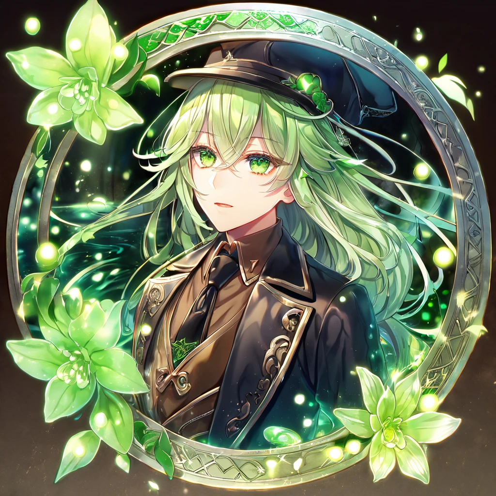 absurdres, highres, ultra detailed, HDR, master piece, Ukyo, light green hair, long hair, expressive green eyes, black long jacket, black cap, brown shirt, black necktie, Amnesia Memories, sexy man, handsome, best quality, green blossoms, green petals, green flowers, fantasy, magical, green shining fireflies, solo, water, cards of the joker,