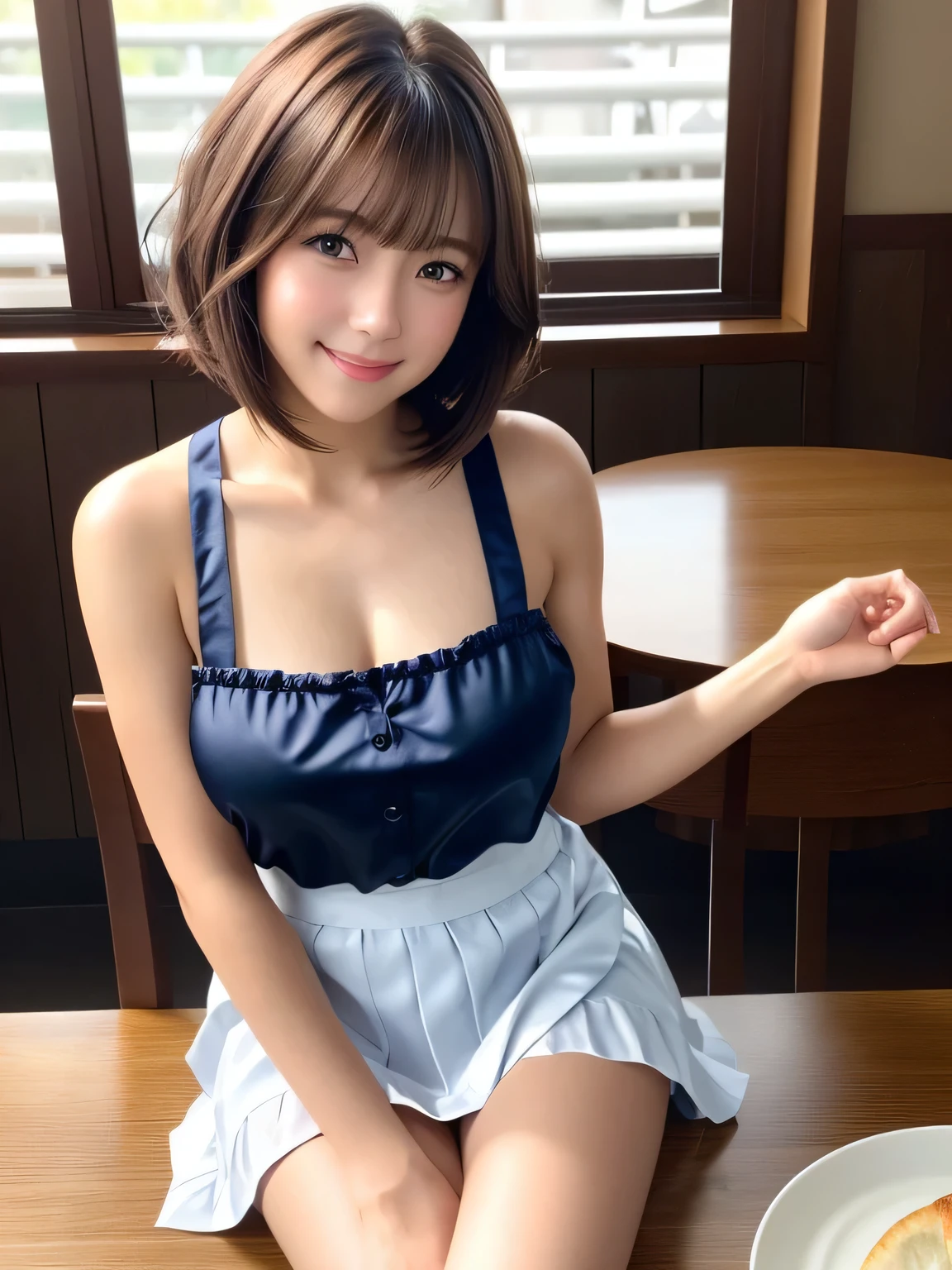 Product quality, One girl, Cowboy Shot, Front view, Young and pretty girl in Japan, Bob Hair, She is waiting with a smile on her face, wearing a satin frilly apron over a tank top., sitting alone in a chair at the dining room table, Sandwiches and tea on the table, Attractive person, Big Breasts, Wear a skirt, Super cute face, Glossy Lips, Double eyelids on both eyes, Natural Makeup, Long eyelashes, shiny smooth light brown hair of Bob Hair, Asymmetrical bangs, Sunburned skin, Center image, High resolution, Attention to detail, Detailed hairstyle, Detailed face, Cinema Lighting, Octane Rendering, Vibrant, Ultra-realistic, Perfect limbs, Perfect Anatomy