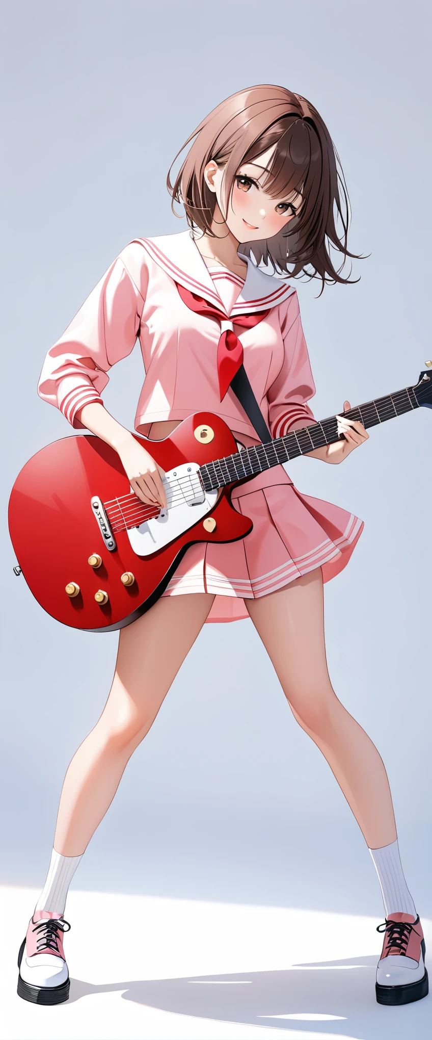 (((White background:1.5)))、(((The subject and guitar are in full view:1.5))),(((full body:1.2)))、(((masterpiece、Ultra HD、Highest quality、Masterpiece、8k:1.2)))、Slender body、High girl playing electric guitar、(Pink Sailor Suit) 、Brown Bob、(((A dynamic pose:1.5)))、Perfect Style、8Head to Body、smile、Are standing、White socks、mini skirt、looks fun