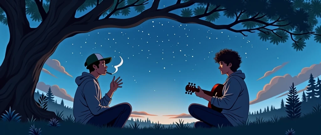 Two young men in sweatshirts under a tree looking at the stars, one with a cap smoking and the other with curly hair playing the guitar with a space or in the middle above 