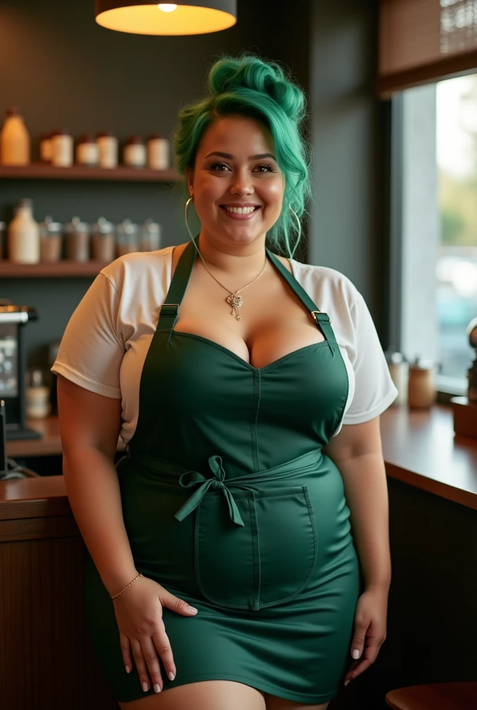 Cool beauty，Looks sweet，(updo, green hair), only wearing dark green starbucks apron, off-shoulders, show clavage, show big thigh, plump body, huge breast, full body photo, standing pose. Side view. Face toward the camera. In coffee shop.