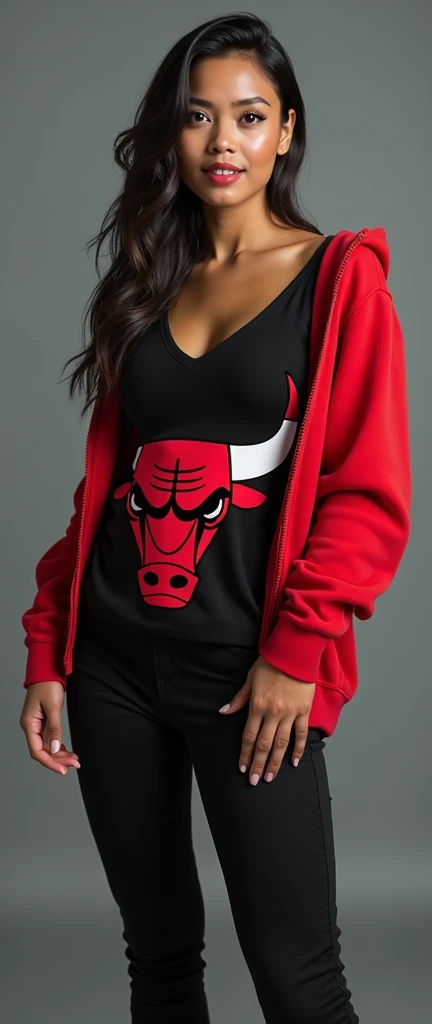 craft a hyper realistic full body length hourglass photo of north Indian beautiful face atheletic muscular biceps and body woman in her 3, 38B cup large super tight and firm breas Black V neck Sweater and Black jeans slim fit ]] [[Razor cut hair cut, full body pose, highly detailed, wearing Chicago Bulls Jordan hoodie jacket and tracks, cute smile, colorized, smooth, charming, pretty big sexy smile,  lipstick, soft lips, supple skin, attractive appearance, full body length photo with shoes.