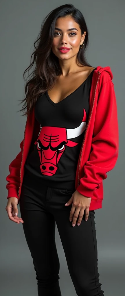 craft a hyper realistic full body length hourglass photo of north Indian beautiful face atheletic muscular biceps and body woman in her age 33, 38B cup large super tight and firm breasts, Red Black V neck Sweater and Black jeans slim fit ]] [[Razor cut hair cut, full body pose, highly detailed, wearing Chicago Bulls Jordan hoodie jacket and tracks, cute smile, colorized, smooth, charming, pretty big sexy smile, red lipstick, soft lips, supple skin, attractive appearance, full body length photo with shoes.