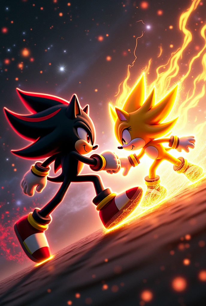Seper Shadow the hedgehog fighting Super Sonic the hedgehog in space