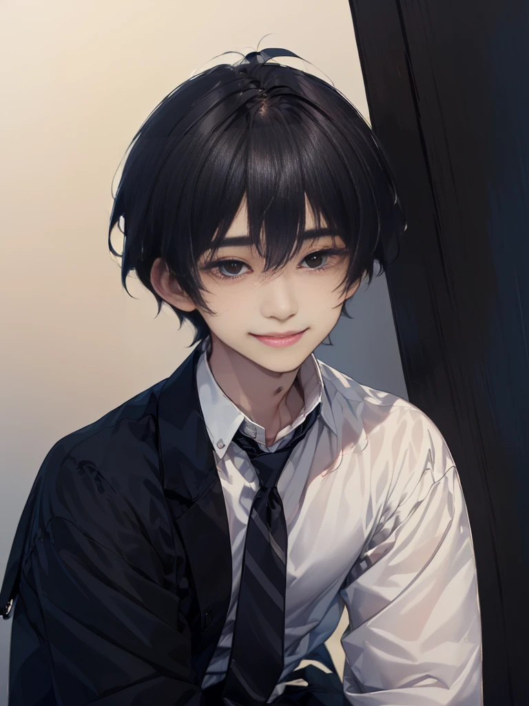 Masterpiece,best quality,独奏, 1 Japanese boy, 20 years old,(tall and thin,sleepy droopy eyes, long face, (thin cheeks:1.2),(black shaggy short hair,:1.5),(Black tailored jacket, white shirt, navy blue striped tie, black slacks:1.3),(A shy smile:1.2),(Plain background:1.3),Upper body close-up