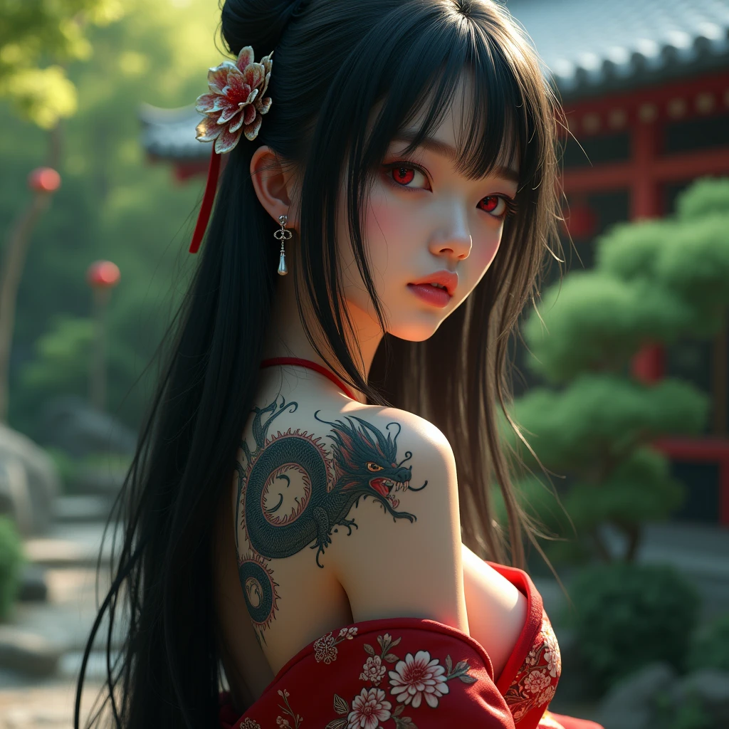 The close-up photo captures a girl with black long hair, her beautiful red eyes are beautiful, wearing a kimono with her back exposed. detailed yakuza dragon tattoo on her back back, in a japanese garden. (maximum ultra high definition image quality and rendering:3), maximum image detail, maximum realistic render, (((ultra realist style))), realist side lighting, , 8K high definition, realist soft lighting, (amazing special effect:3.5)  mythp0rt