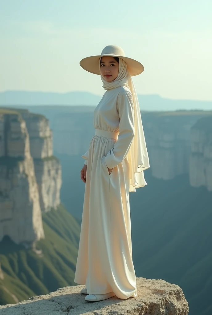A asian woman with long hijab flowing wearing long cream overall jeanscalm, wearing large hat,free fall on the edge of a steep and terrifying cliff, face Smilling looking at the camera