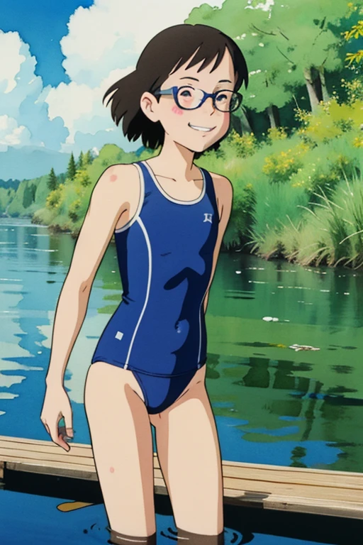 (Superflat, Flat Shading), 1 person，，Baby Face，Very short stature，very small flat chest，Very flat chest that looks like it might expand，Very thin limbs，Thin thighs，Navy school swimsuit， Name tag on chest，Camping on the river，Urine stains:1.2，Glasses，smile，blush，A little embarrassed，Midsummer，blue sky，Cumulonimbus，bright，From below，bright色，watercolor，Ghibli style，Accurate and detailed female fingers，Enjoy fishing，