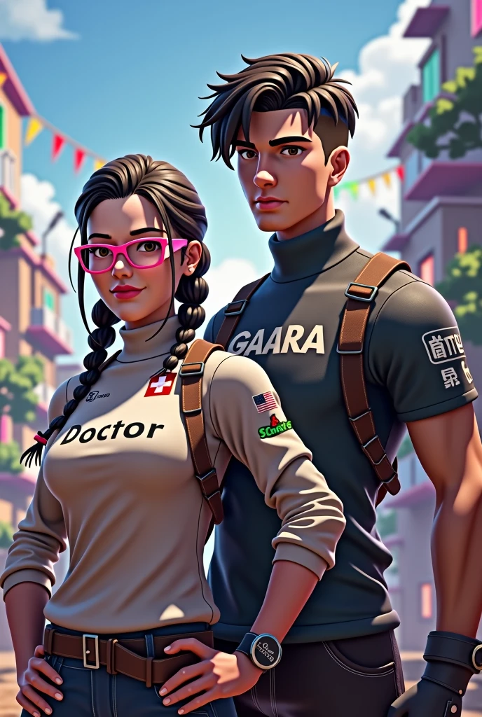 2 male and female characters in the free fire game style, the female character with braided hair and pink glasses with a turtleneck shirt with the name written DOCTOR and the male character with the name written on the turtleneck shirt GAARA