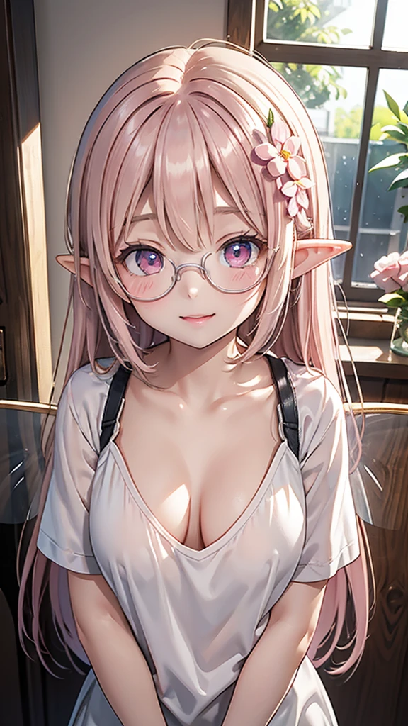 Fae, a fairy in human form、((Delicate, transparent wings on its back))、Long straight hair with a center part、Pink Hair、Big pink eyes、(Round Glasses)、White flower hair ornament、Slim figure、Plump breasts、Elf Ears、Embarrassed look、shirt、nude、Condom pack in mouth、blush、Mischievous face、Captivating smile、On all fours、looking at the camera、Bedroom、Chest Focus、Cinema Lighting、Movie、Dynamic Angle、milk、milk首