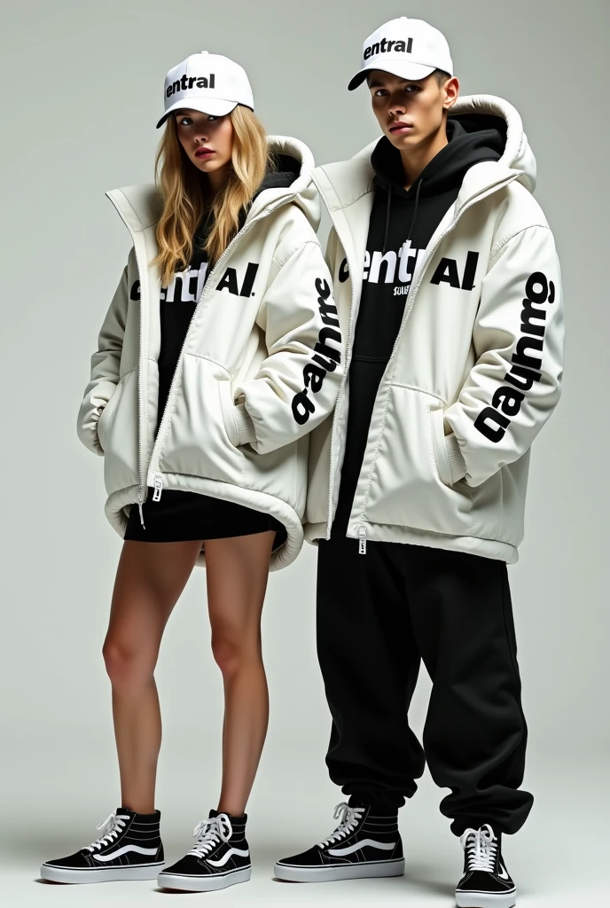 "Genera una imagen de una chica rubia de 20 años and un chico rubio, rap superstar, both with **white caps** and **white parka**, where the word **'CENTRAL'** is written prominently on the garments. La chica lleva una minifalda negra and Vans negras, mientras que el chico viste pantalones anchos negros and las mismas zapatillas. The background should imitate a magazine cover, con un estilo moderno and urbano que resalte su atractivo and las frases en sus prendas."