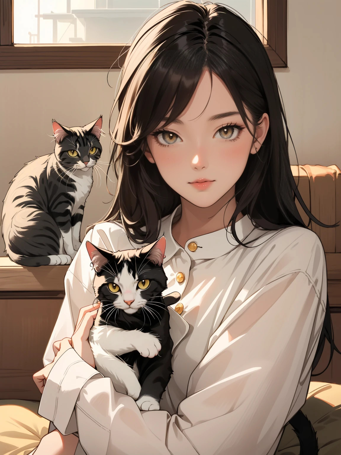(grainy:0.7), (extremely detailed:1.2), (spicy:0.7), absurdity, (evening:1.2), natural light girl, Cat-girl, Cat&#39;s ears, ,smiling,Amazed, (I&#39;m looking at a butterfly:1.2), from the outside, messy medium hair autumn forest background
