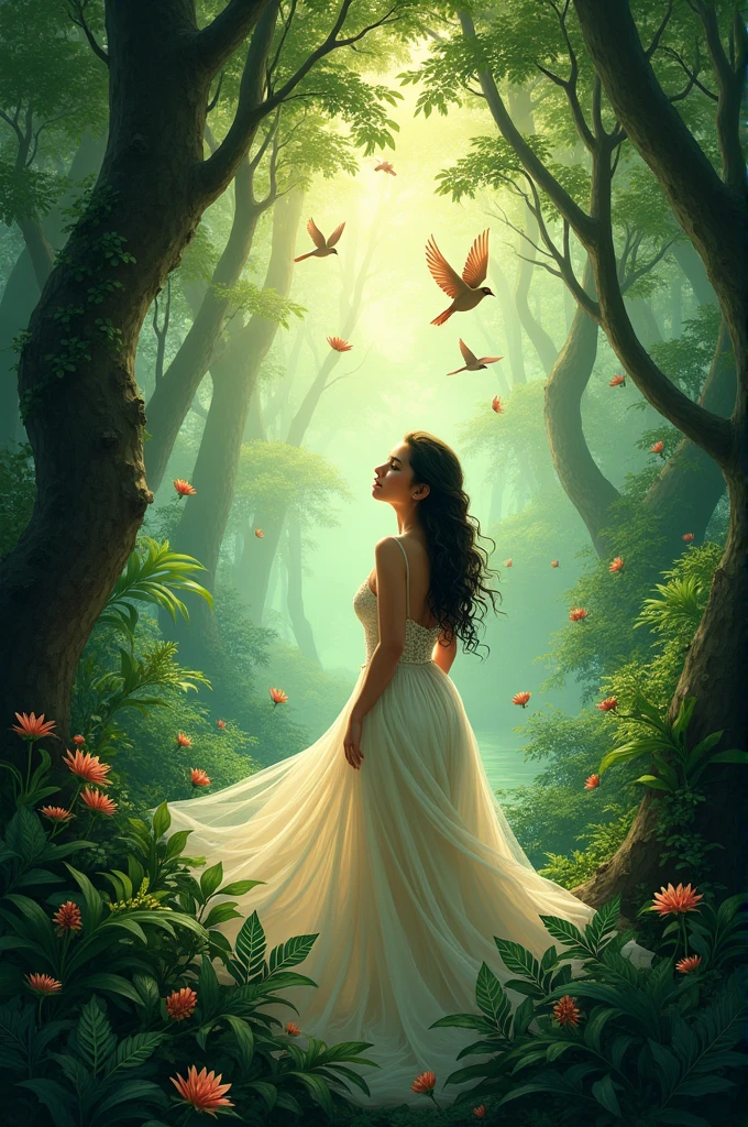 An image referring to this poem:
Month of roses. My rhymes go in circles to the vast jungle, to collect honey and aromas in the half-open flowers. Amada, Come. The great forest in our temple; There waves and floats a holy perfume of love. The bird flies from one tree to another and greets your rosy, beautiful forehead like the dawn; superb, When you pass by, they shake their green, trembling leaves and raise their branches as if a queen were passing by. 