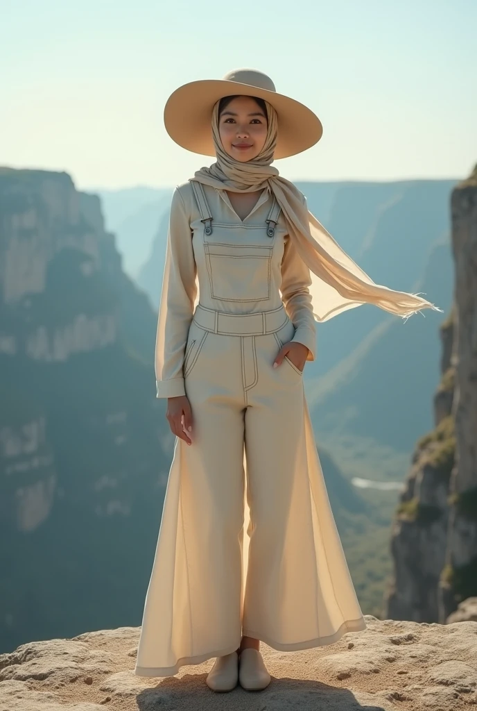 A asian woman with long hijab flowing wearing long cream overall jeans calm, wearing large hat,free fall on the edge of a steep and terrifying cliff, face Smilling looking at the camera