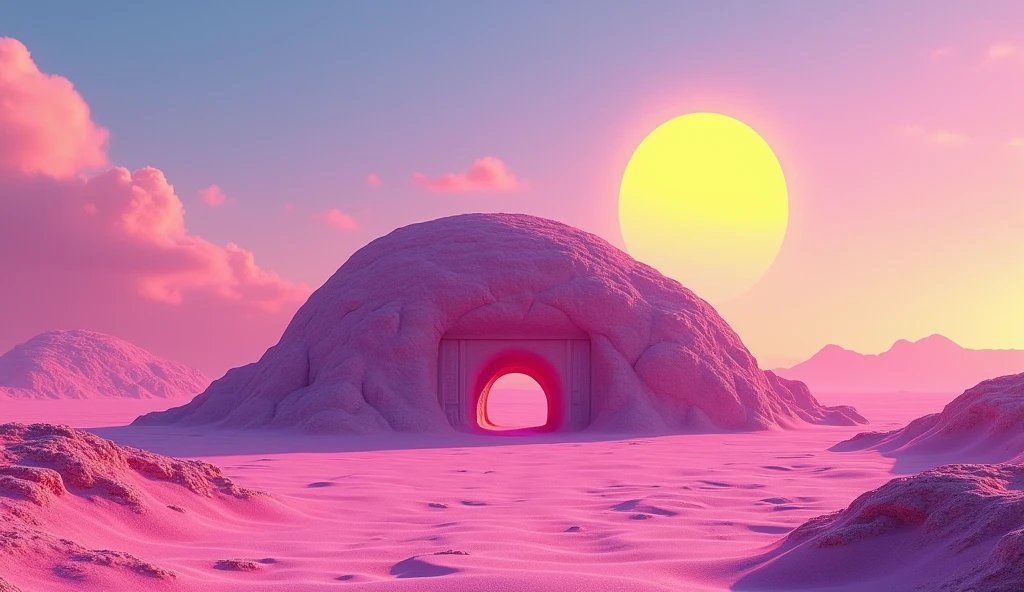 Vice City GTA, pink, blue and yellow clear sky with a yellow sun, retro sky, clear sky, few clouds, There is a very wide and round rocky mountain in the background with a very small bright entrance in the middle, fat and round-topped mountain, the mountain is shaped like a semi circle