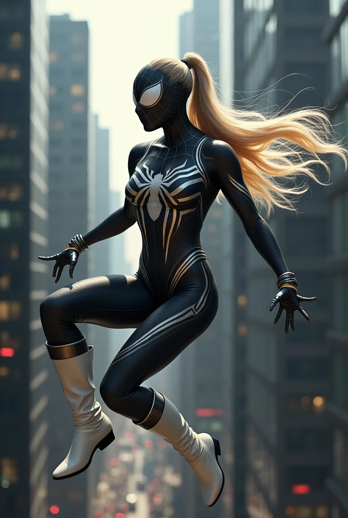 (((Flying between skyscrapers))),(((Spider-woman))),(((A beautiful woman with long blonde hair tied back in a ponytail))),(((bajo el manto de la aracnida Jessica Drew alias Spider-woman))),(((Black arachnid one-piece leather suit))),(((Giant silver spider emblem covering her breasts) and abdomen )),(((Long white boots up to her knees))),(((long white gloves ))),(((With Symbiote skin running all over his skin))),(((Black metal bracelets))),(((Simbionte Spiderman))),(((Black Symbiote Skin))),(((Mask covering half of his face, eyes, white lenses, Spiderman visors))),(((Mask covering part of his face, eyes, white lenses, Spiderman visors))),(((white magic around his entire body)))