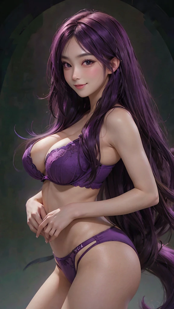 1 woman, Long hair, Chest, Double tail, Purple Hair,high resolution, masterpiece, Best quality, Textured Skin, Big breasts(d), Simple background/No background, Blushing, Smile, shy, underwear,butt