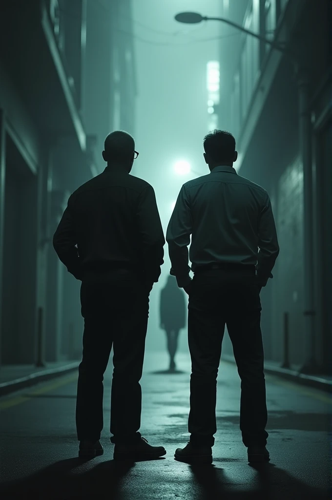 Two men with their backs turned waiting for a woman