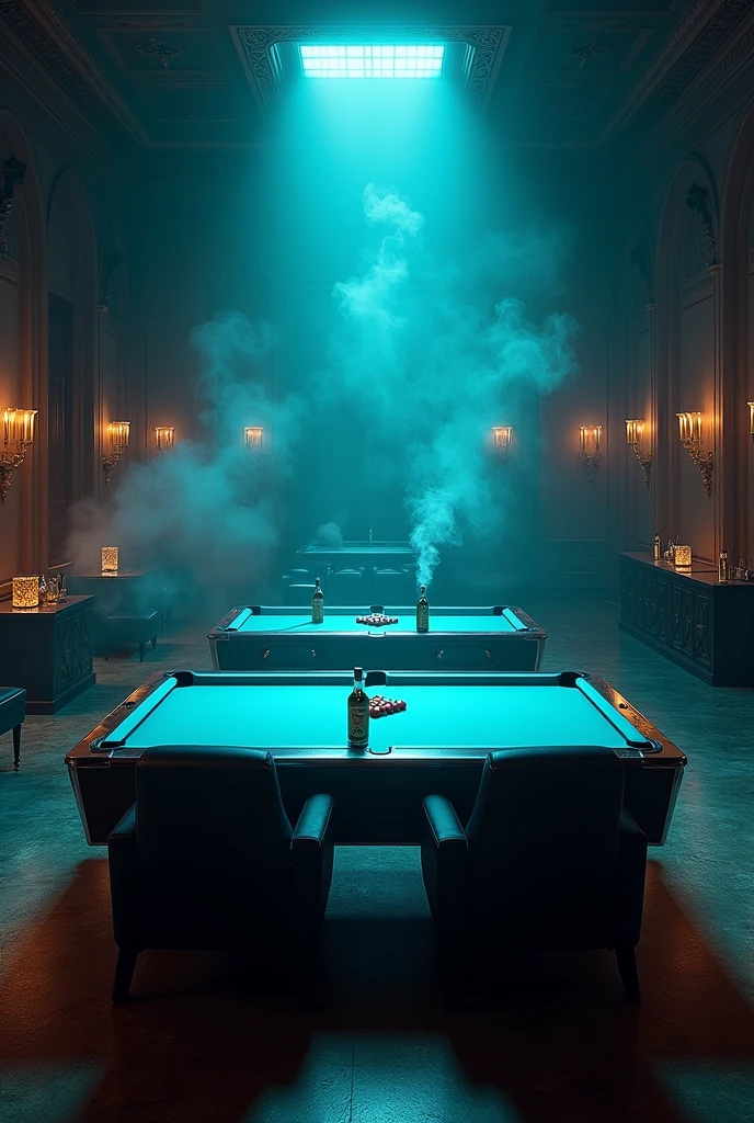 Create a game room. With a giant space. With two pool tables, with the cue and the pool balls. Three black armchairs. With drinks and bottles of drinks. With two bottles on top of the pool table. With cigarette smoke in the air. Cool lighting. With stylish decoration.