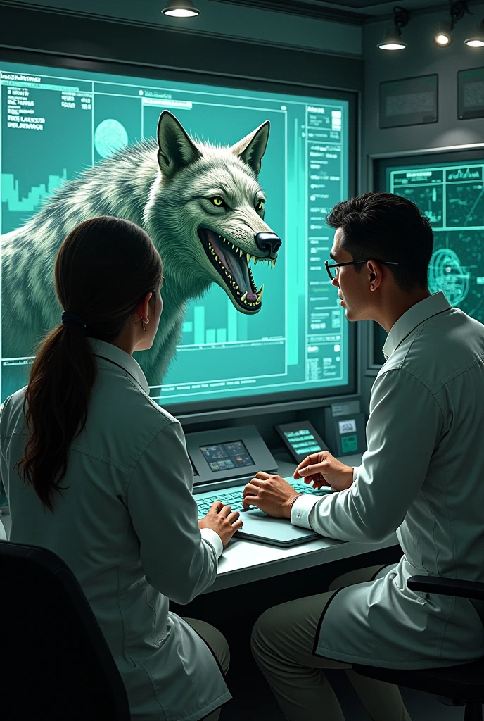 In a control room, scientist Morales and Commander Mendoza are staring at a screen where they can see information data, DNA samples about the new experiments and analysis of a creature they managed to capture.. A metal wolf with large green and gray fangs and spots. And 