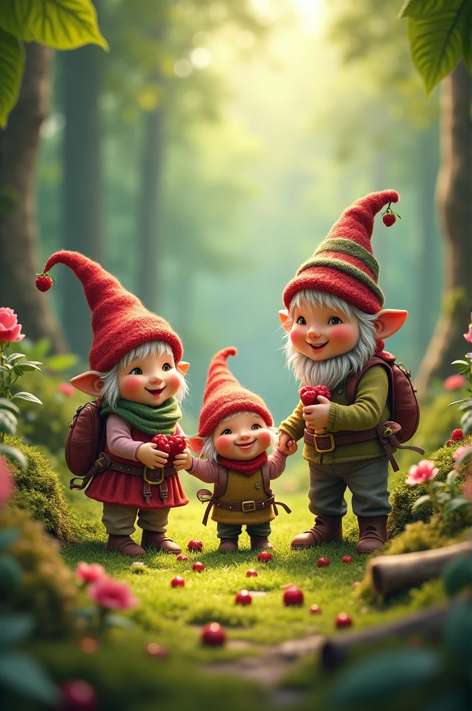 A family of gnomes picking berries