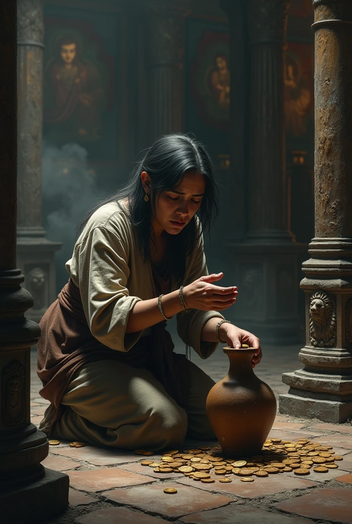 A poor woman, In the temple,, sobbing, kneeling, inserting coins into the vase