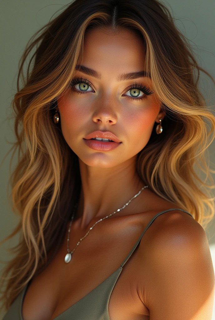 Long, wavy hair, of a light brown tone with blonde highlights, that reflect light in a vibrant way.large, expressive eyes, water green in color, with long eyelashes that give a captivating look. Clear and smooth skin, with a natural glow and a touch of makeup that highlights your cheeks.Prefers bold and modern clothes, often wearing cropped tops, high-waisted pants and flashy accessories, like large earrings and delicate necklaces.