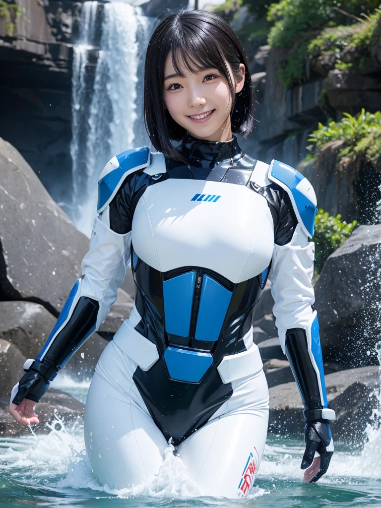Japanese female android,Black Hair,White and blue robot suit,Plump,Being splashed by the waterfall,smile,