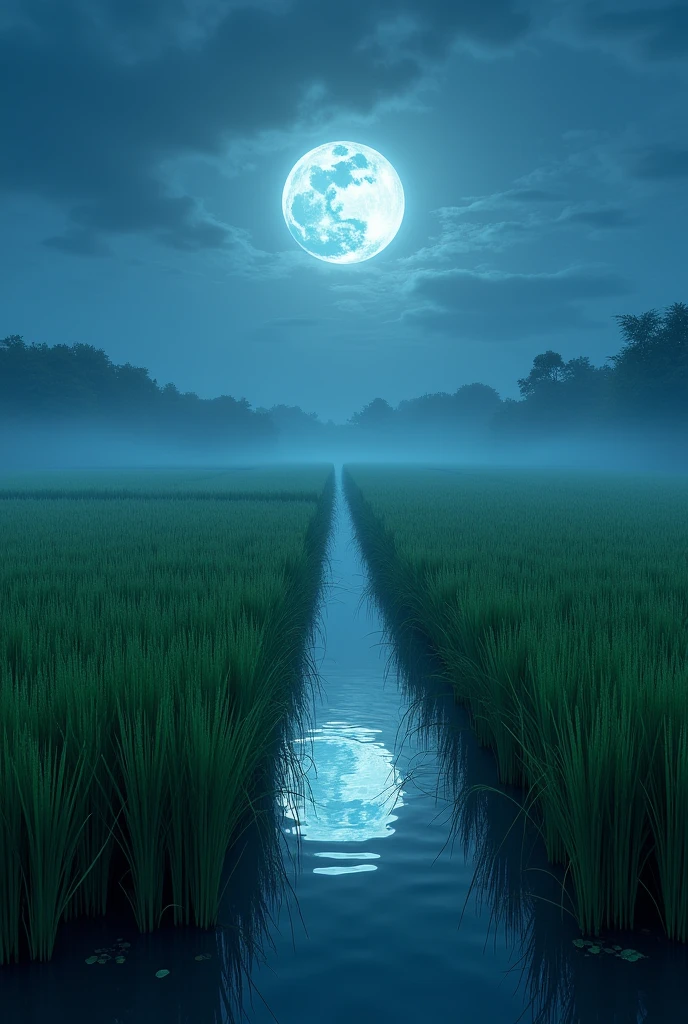 Rice field reflected in the moonlight of the night sky. Let's add some realism.
