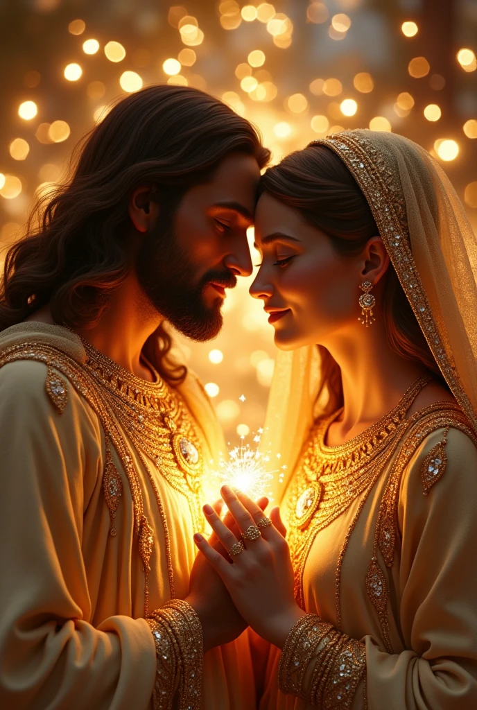 (photorealism:1.2), a handsome Jesus Christ and a beautiful virgin Mary, celebrating Christmas, wearing the elegant color gold clothes sorrounded of many diamonds, the light in their heads and hearts sparkling all over, beautiful clothes, very nice hair, outdoors, soft light in the evening, fireworks and Christmas decorations in the background, evening with Christmas light, cozy Christmas, relaxed pose, realistic, intricate details, warm colors,