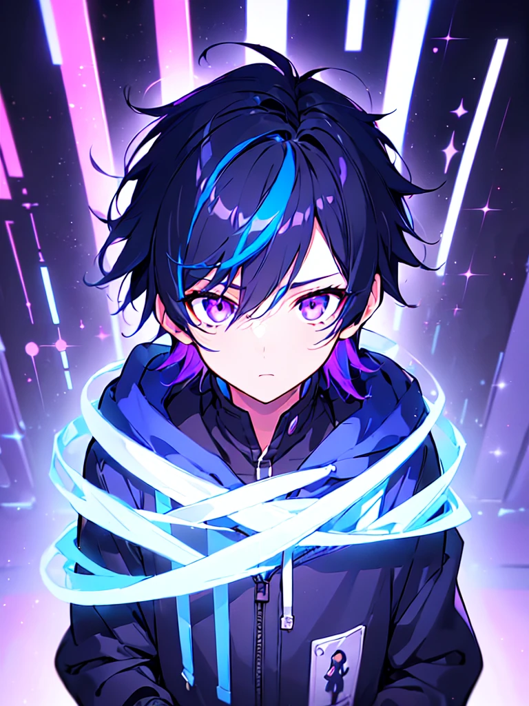 [(Cyber CITY BACKGROUND:1.5),::5], ((((masterpiece)))), high quality, ultra very high resolution, full color, (((solo))), (((little boy))), men's black hair, ((blue color streaked hair)), ((purple eyes)), anime, ((upper body)), neon light, black parka, 