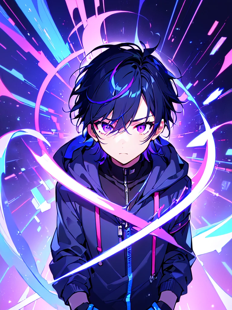 [(Cyber CITY BACKGROUND:1.5),::5], ((((masterpiece)))), high quality, ultra very high resolution, full color, (((solo))), (((little boy))), men's black hair, ((blue color streaked hair)), ((purple eyes)), anime, ((upper body)), neon light, black parka, 