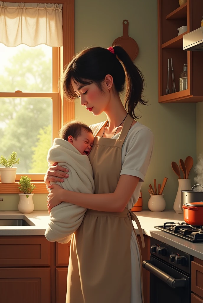 A woman cooking food while baby crying 