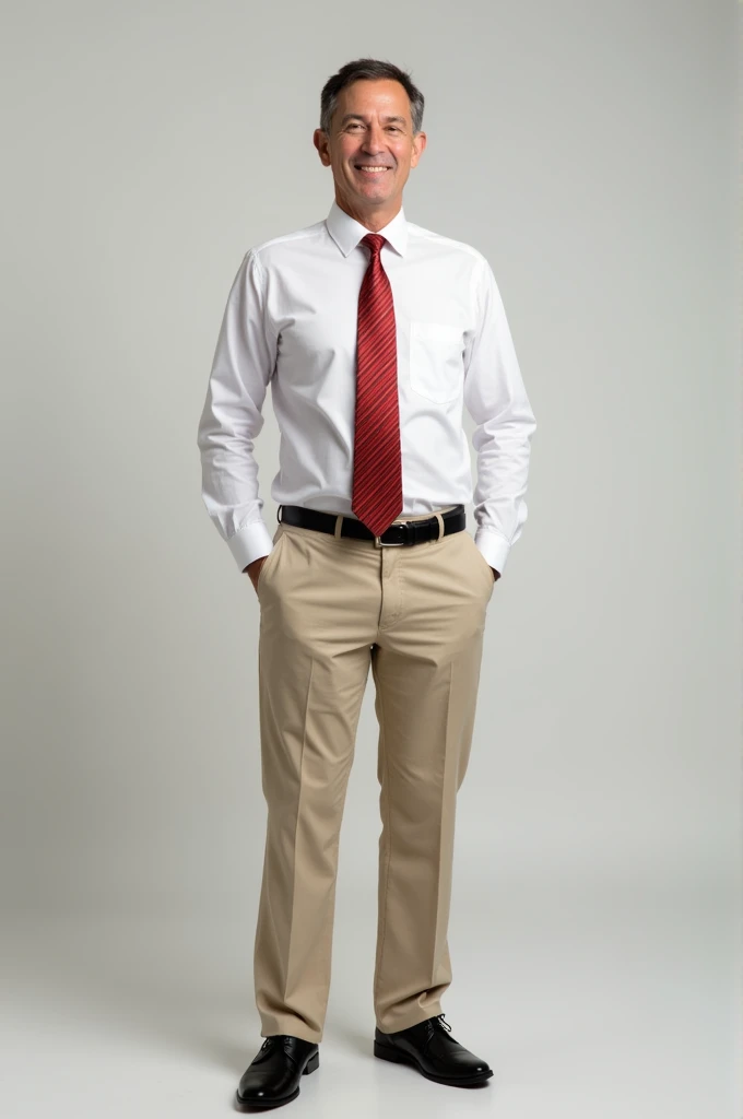Man dressed in beige pants ,white shirt,
Red tie with beige, black shoe