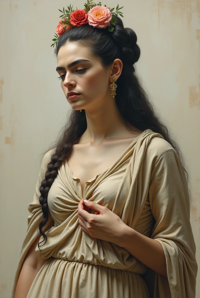 Frida Kahlo imitating the painting of Venus de Milo with her hair loose. It accurately portrays the painting with Frida's face