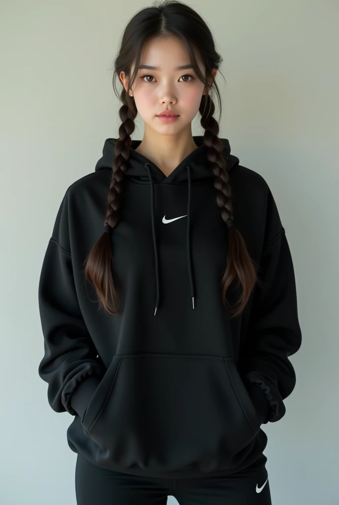 A beautiful Korean brunette with slanted eyes and long braided hair wearing a black Nike hoodie and matching black Nike pants,