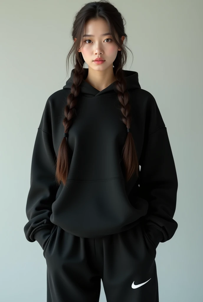 A beautiful Korean brunette with slanted eyes and long braided hair wearing a black Nike hoodie and matching black Nike pants, 