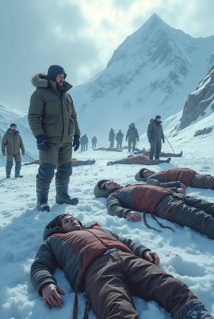 A group of investigators in winter gear find the bodies of climbers on a snow-covered mountain. The bodies are in strange positions, some without clothes, with expressions of terror. Ao fundo, the icy Ural Mountains under a threatening cloudy sky