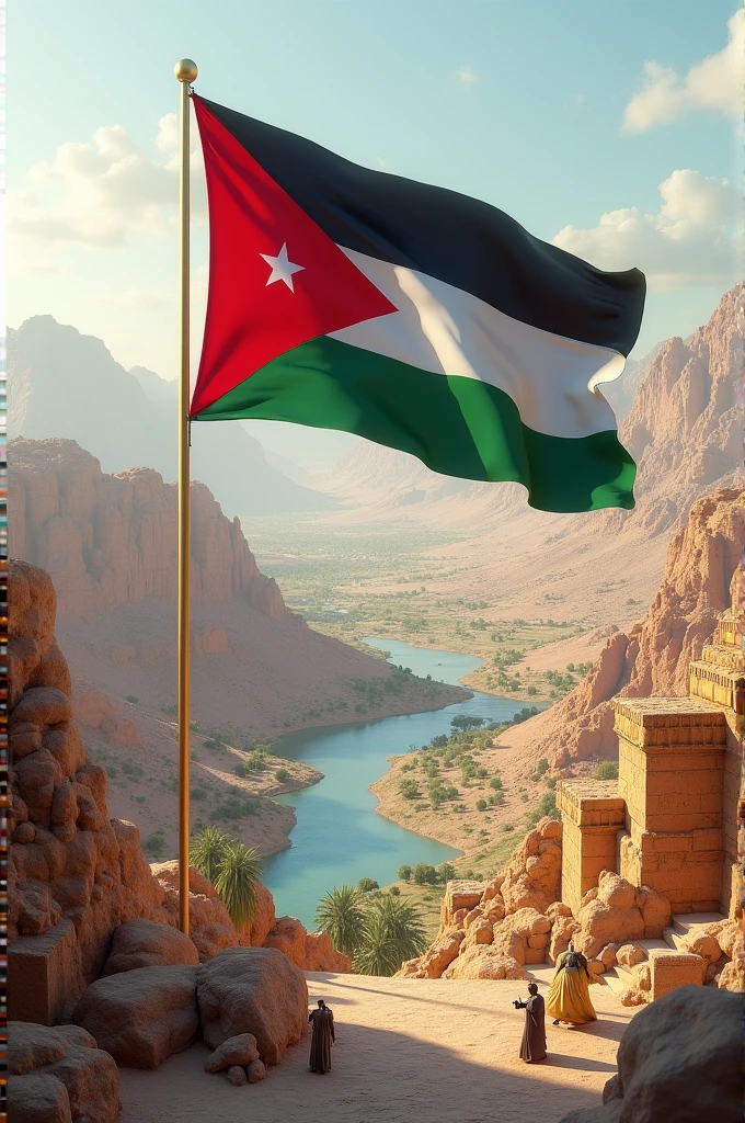 Real picture of the Hashemite Kingdom of Jordan and its flag, real 3D image