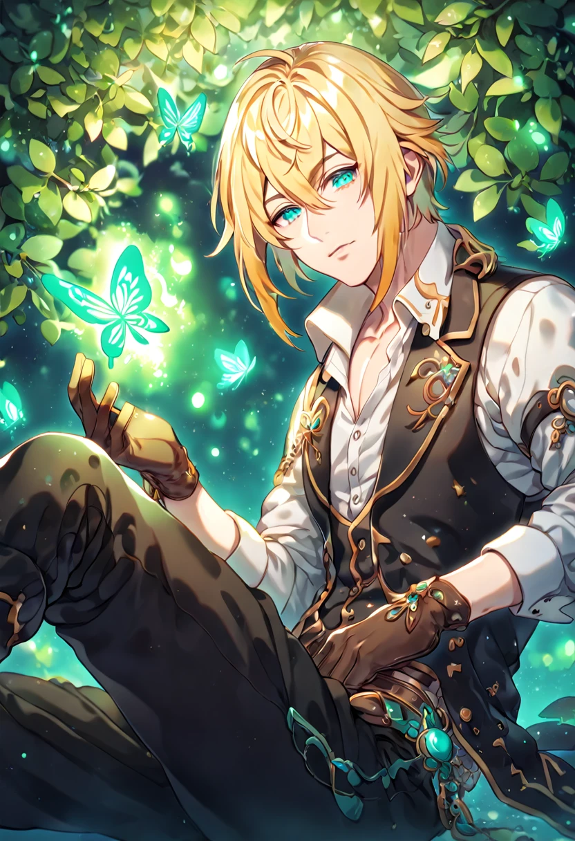 absurdres, highres, ultra detailed, HDR, master piece, best quality, extremely detailed, detailed eyes, Eizen, blonde hair, expressive turquoise eyes, Tales Of Beseria, solo, sexy man, sensual, handsome, sitting, manly man, adult face, black coat, white shirt, black vest, unbuttoned shirt, brown gloves, black pants, under a green tree, fantasy, magical, glittering fireflies, green butterflies, green flames, magic, green leaves