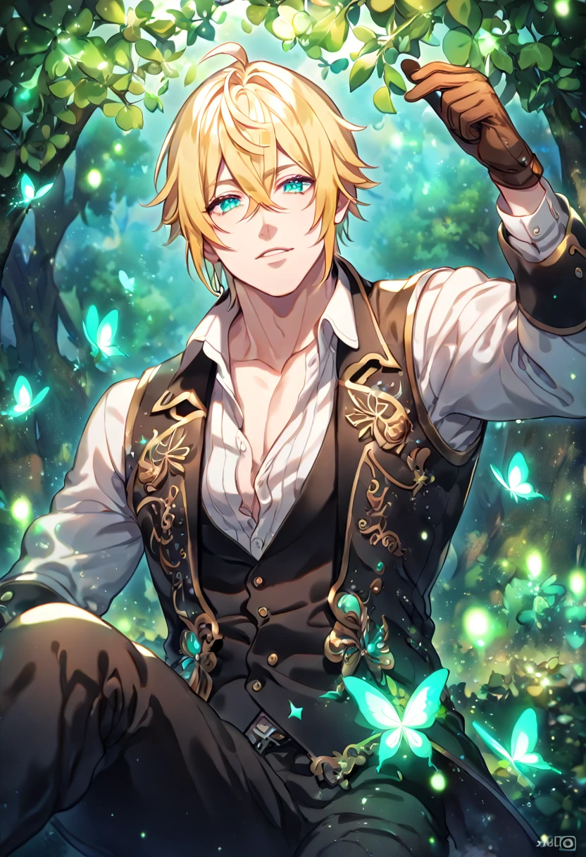 absurdres, highres, ultra detailed, HDR, master piece, best quality, extremely detailed, detailed eyes, Eizen, blonde hair, expressive turquoise eyes, Tales Of Beseria, solo, sexy man, sensual, handsome, sitting, manly man, adult face, black coat, white shirt, black vest, unbuttoned shirt, brown gloves, black pants, under a green tree, fantasy, magical, glittering fireflies, green butterflies, green flames, magic, green leaves