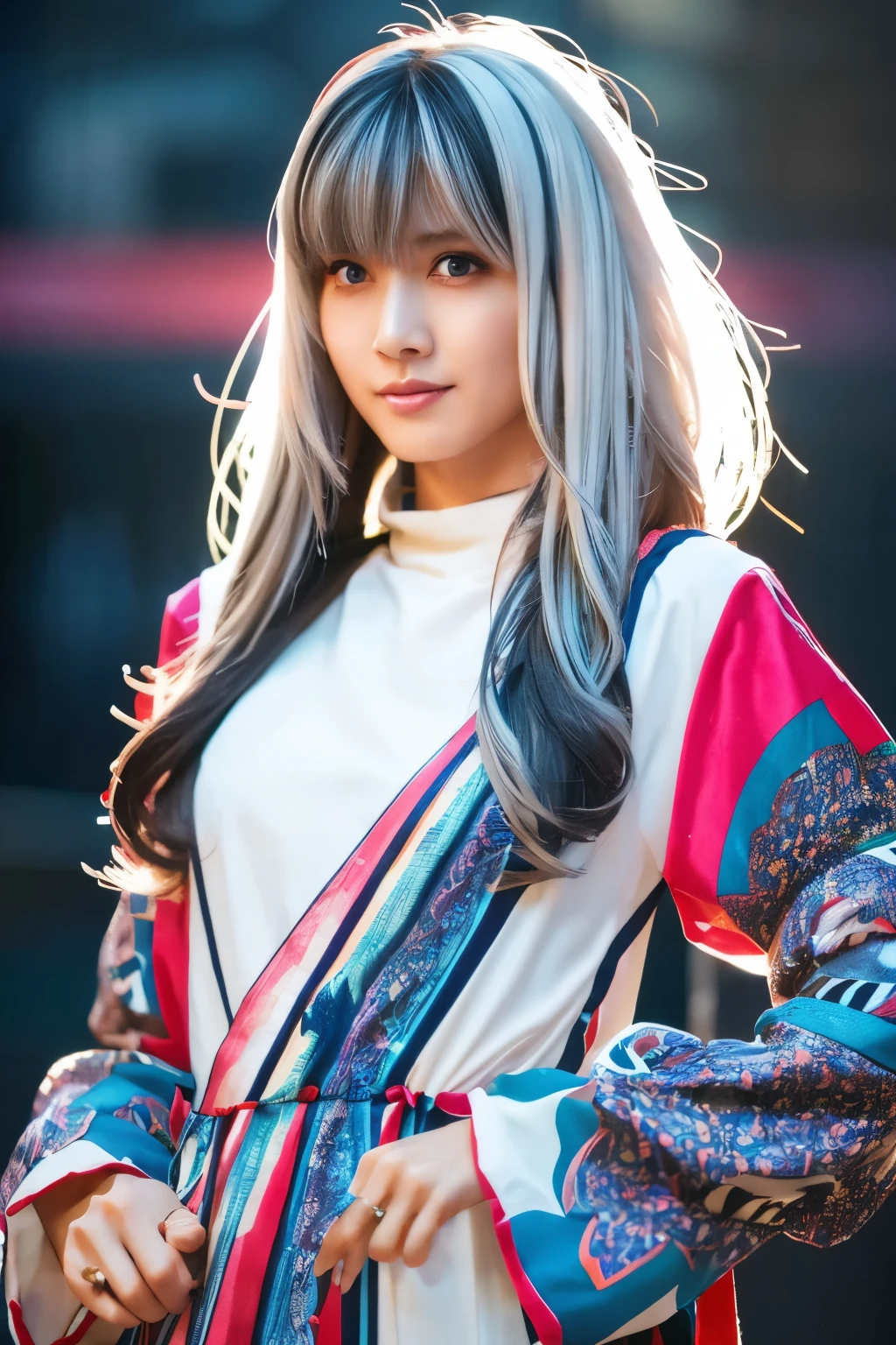Masterpiece, high quality, high resolution, 8K, (solo:1.2), ((1girl)), Japanese woman, detailed face, detailed eyes, correct body structure, upper body, ((White hair:1.2)), very long hair, messy hair, slender body, seductive silhouette, luminous bones, depth of field, dark photo at nighttime, dimly lit, bangs, Cinematic Lighting, Tyndall effect, abstract background, futuristic outfits, vibrant colors, modern style, wide sleeves, artistic, unique patterns, colorful, stylish, trendy