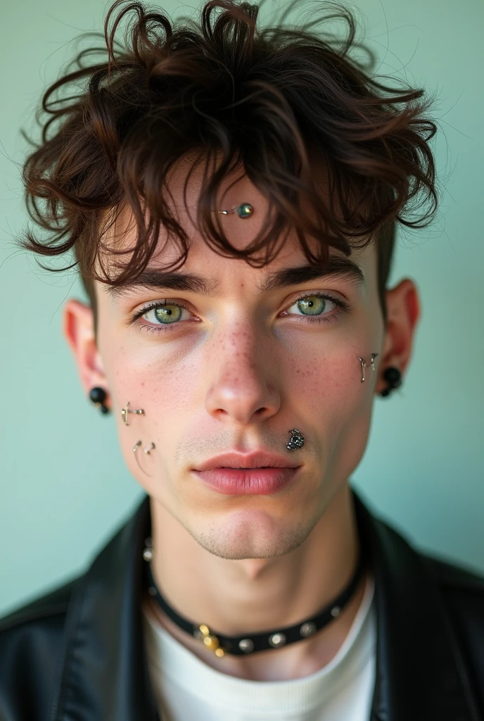 young guy, brunette, jellyfish haircut, green eyes, bright skin, lots of piercings on ears and lips